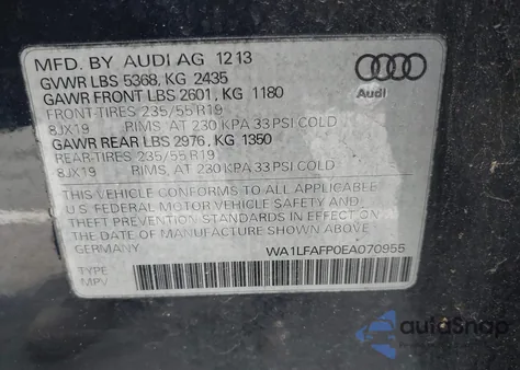 2014 Audi Q5 2.0T Premium from USA, damaged, VIN WA1LFAFP0EA070955